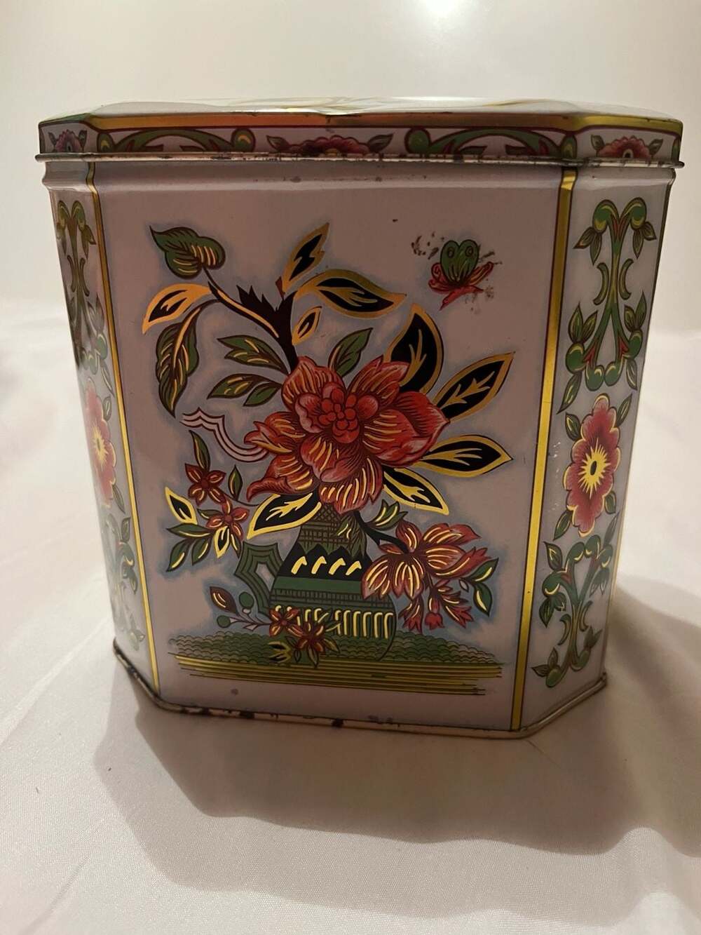 Vintage 1987 The Tin Box Company Floral Decorative Octagonal Metal Storage Tin